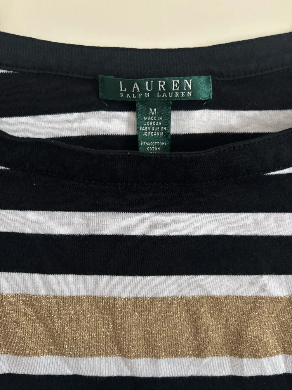 Ralph Lauren Black & White Striped Long Sleeve Top with Gold Accent